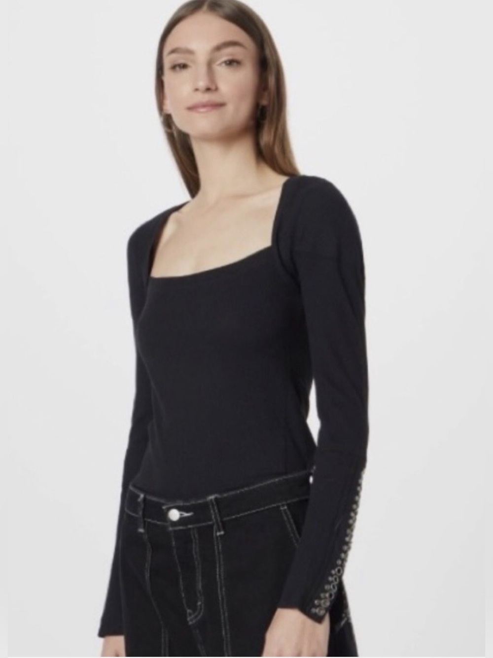 Free People A Little Unruly Black Waffle Stud Long Sleeve Ribbed Top Shirt L - Picture 15 of 15